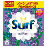 Surf - Laundry Powder Lavender 10 Washes (500g): features floral graphics, £2.99 RRP label, and "More Concentrated" note—ideal for effective stain removal.